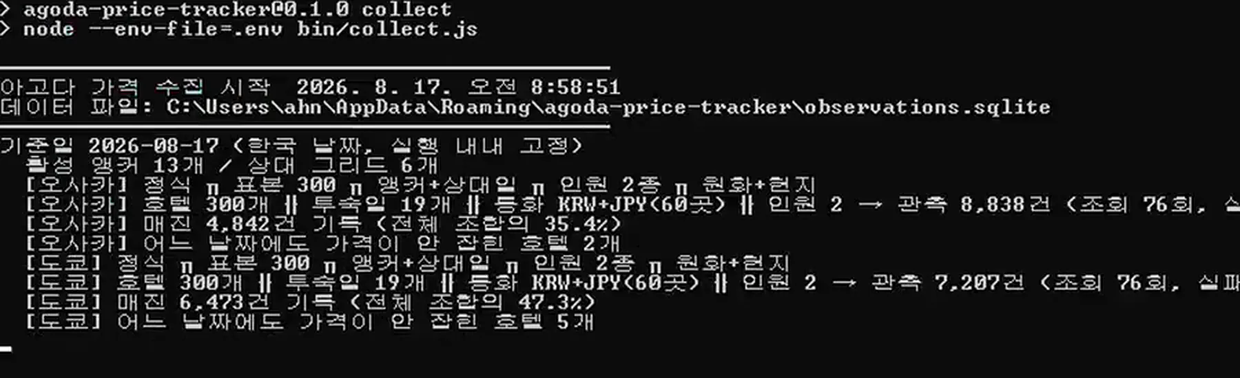 실행 기록 — 도시별 하루치 관측 건수